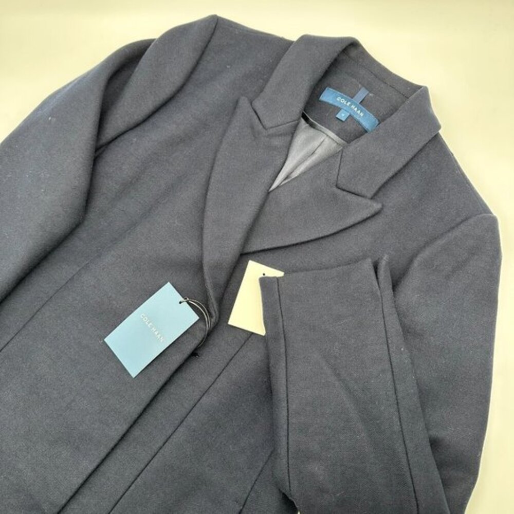 Cole Haan Women's Asymmetrical Peak Lapel‎ Wool Blend Coat, Size 12, Navy